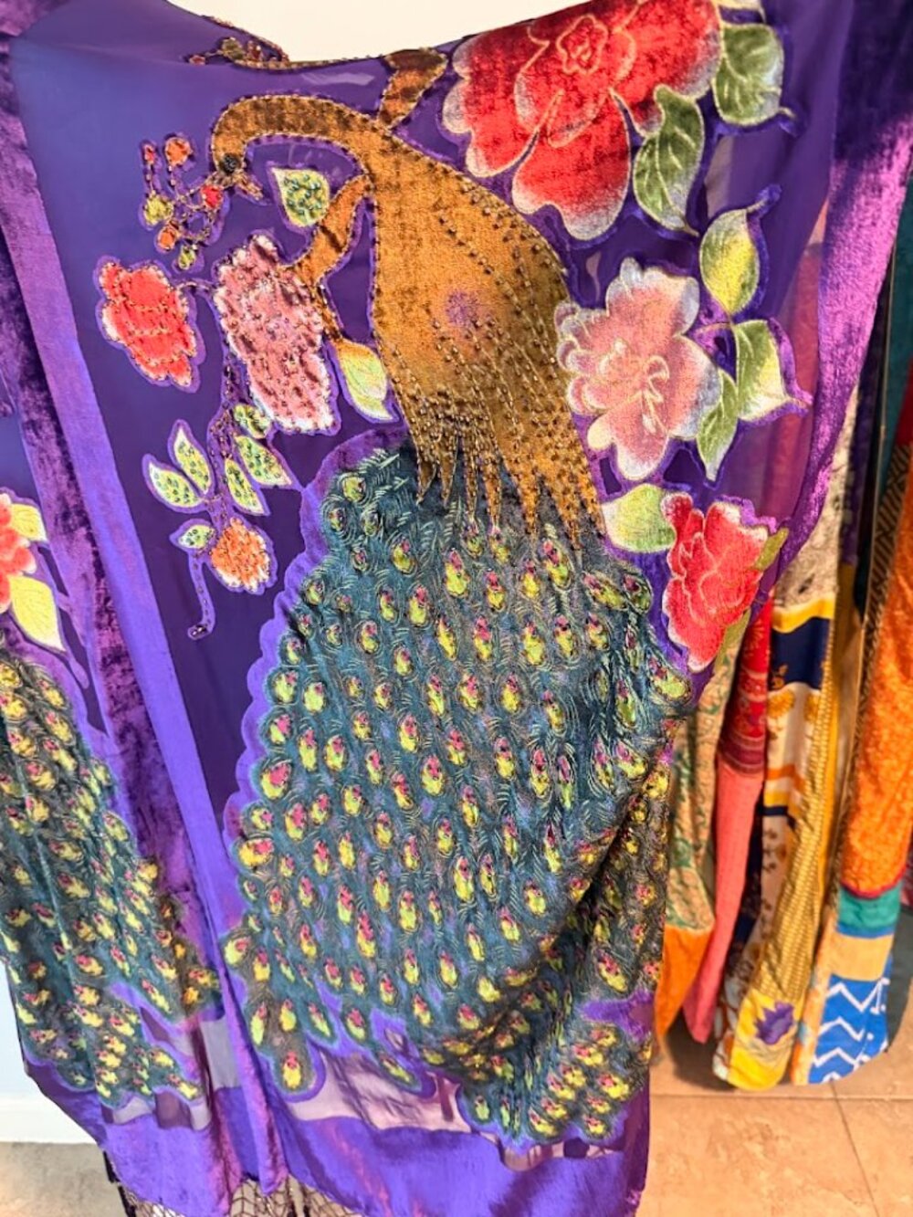 Purple Peacock Embroidered Kimono Duster Fringe Boho - Picture 8 of 11